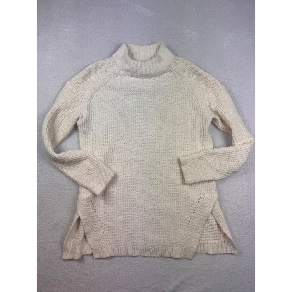 A New Day Cream Waffle Knit Turtleneck Sweater Tunic Side Slits Small